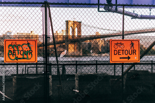 Construction site in New York city framing the Brooklyn Bridge in June 2020