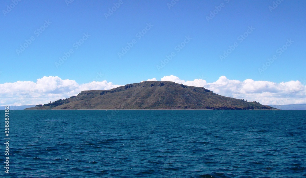 View on Taquile Island from a boat on lake titicaca (Peru)