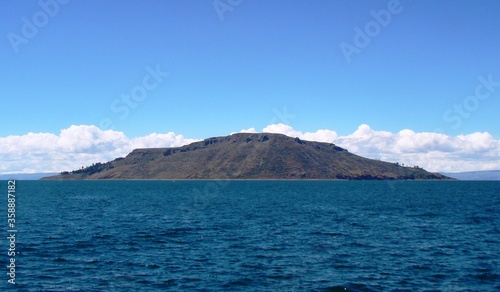 View on Taquile Island from a boat on lake titicaca (Peru)