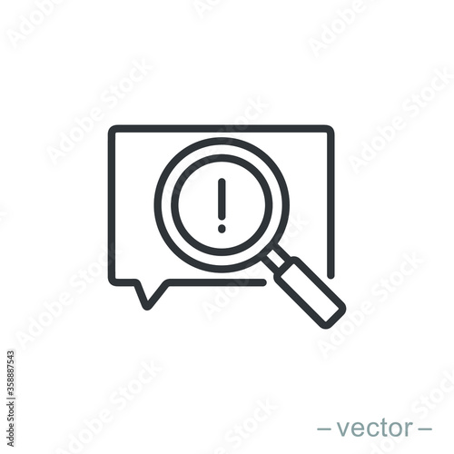 Censored content identifying vector icon, thin line exclamation sign and magnifier glass, concept of chat message alert.