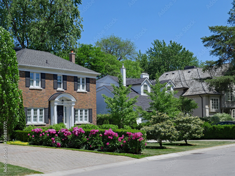 Street of suburban houses in traditional style with driveways and front gardens