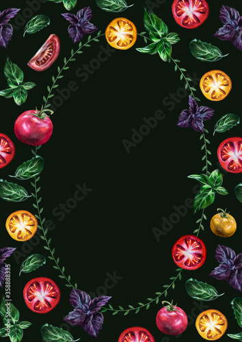 Hand-drawn vertical oval frame ornament: Italian tomatoes and basil vegetables. Great idea for menu booklet, food delivery or farmers market flyer, restaurant ads, cards or stickers, slides. A4 size