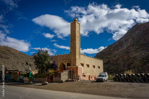 Mosque in Tichka - Mountain village within the Tizi-n-Tichka pass in the Atlas Mountains, Morocco. This mountain pass is connecting Marrakesh to the city of Ouarzazate. photo