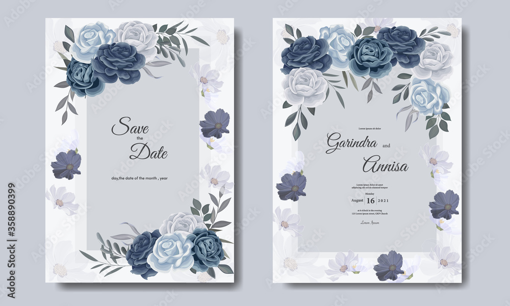 Elegant wedding invitation card template with floral and leaves navy blue Premium Vector Elegant wedding invitation card template with floral and leaves navy blue Premium Vector