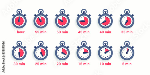 Timer, clock, stopwatch set icons. Label cooking time. Vector illustration. EPS 10