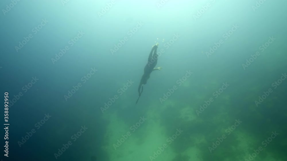Full length of shirtless man spearfishing while swimming over ocean floor in sea - Wakatobi Regency, Indonesia Full length of shirtless man spearfishing while swimming over ocean floor in sea - Wakatobi Regency, Indonesia