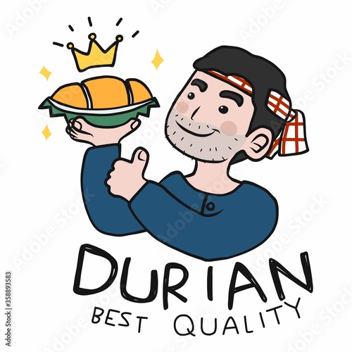 Durian beat quality in farmer hand with thumb up cartoon vector illustration