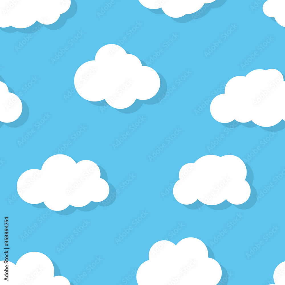 Sky cloud seamless pattern. Limitless blue background with white flat cartoon air weather sign. Repeat ornament for paper wrap, fabric, print. Vector illustration
