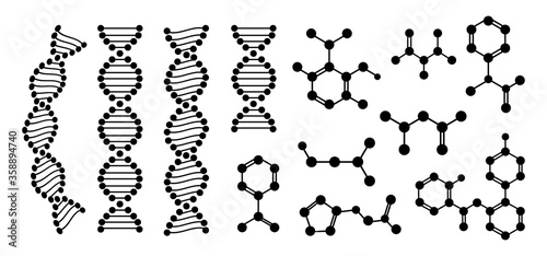 Molecular structure chemical atom flat glyph set. Abstract structure DNA molecule. Chemistry science, molecular structure, laboratory cell protein black silhouette. Vector illustration