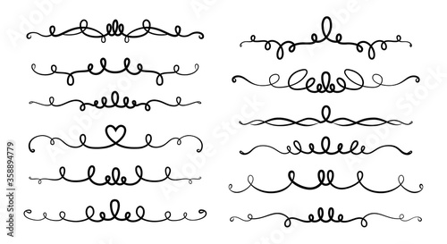 Divider and curl calligraphic set. Vintage borders, swirl vignettes decorative elements, ornaments bumpers. Elegant graphics elements ink black and white drawing whorls. Isolated vector illustration