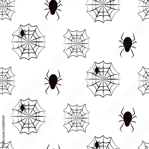 Spiders and web Halloween seamless pattern. Decor scary horror, insect main symbol of holiday in october. Design limitless background. Repeat ornament for paper wrap, fabric, print Vector illustration
