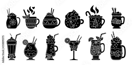 Christmas hot drink silhouette set. Black glyph flat cartoon different beverages. Holiday cute mugs hot cocoa, coffee, milk and mulled wine. New year drinks decorated holly, candy. Vector illustration