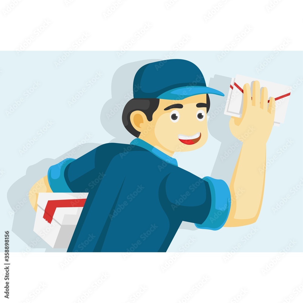 Cheerful postman with parcels and letter. Vector illustration of a flat design