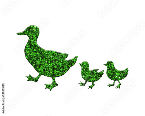 Duck with baby ducks green vintage glitter isolated on white background retro illustration © SunFrot