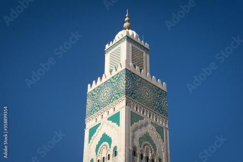 The Hassan II Mosque in Casablanca, Morocco. Interior and Exterior. The largest mosque in Morocco and the 7th largest in the world on Dec 2019. Built  solely on public money donations of Moroccans.
