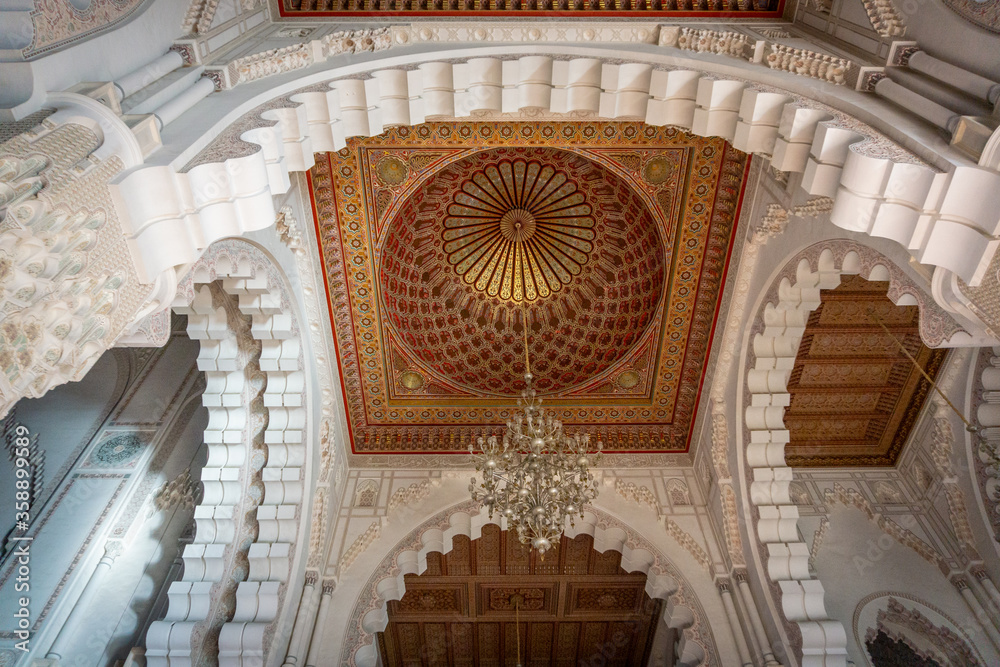 The Hassan II Mosque in Casablanca, Morocco. Interior and Exterior. The largest mosque in Morocco and the 7th largest in the world on Dec 2019. Built  solely on public money donations of Moroccans.