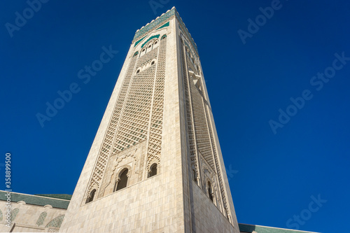 The Hassan II Mosque in Casablanca, Morocco. Interior and Exterior. The largest mosque in Morocco and the 7th largest in the world on Dec 2019. Built solely on public money donations of Moroccans.