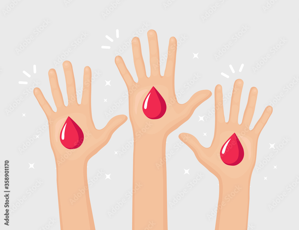 Red blood drop in hands isolated on white background. Donation, transfusion in medicine laboratory concept. Save patient life. Vector flat design Red blood drop in hands isolated on white background. Donation, transfusion in medicine laboratory concept. Save patient life. Vector flat design