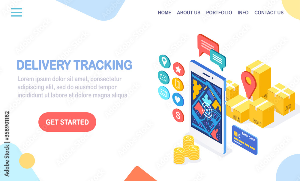 Order tracking. Isometric 3d mobile phone with delivery service app. Shipping of box, package, cargo transportation. Vector cartoon design Order tracking. Isometric 3d mobile phone with delivery service app. Shipping of box, package, cargo transportation. Vector cartoon design