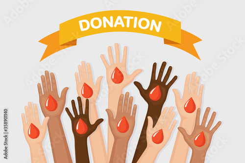 Raised hands with heart isolated on white background. Volunteering, charity, donate blood concept. Thank for care. Vote of crowd. Vector flat design