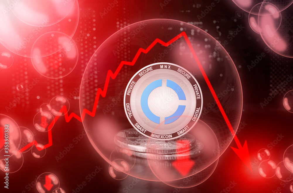 MinexCoin MNX in a soap bubble. Risks and dangers of investing to MinexCoin cryptocurrency. Collapse of the exchange rate. Unstable concept. Down drop crash bubble