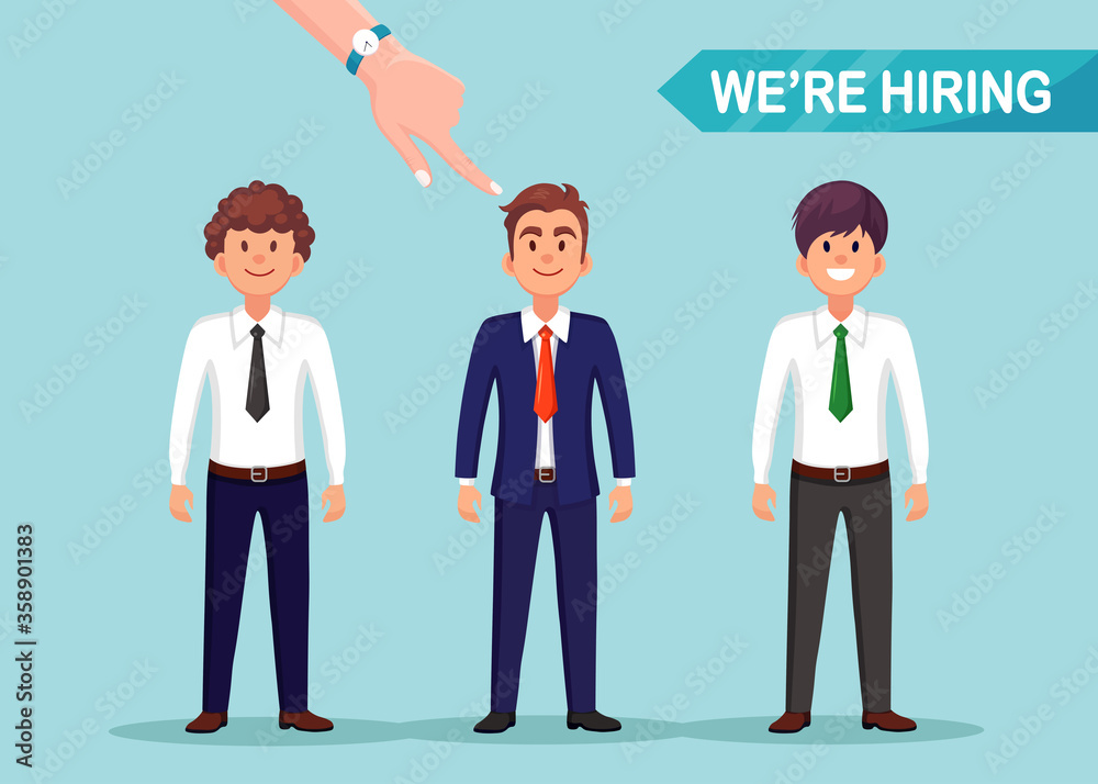 Group of businessman isolated on background. Hiring of candidate. Surprised happy man. Job interview, recruitment, search employer. Human resource HR. Vector cartoon design Group of businessman isolated on background. Hiring of candidate. Surprised happy man. Job interview, recruitment, search employer. Human resource HR. Vector cartoon design