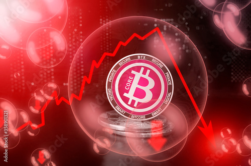 Bitcore BTX coin in a soap bubble. Risks and dangers of investing to Bitcore cryptocurrency. Collapse of the exchange rate. Unstable concept. Down drop crash bubble photo