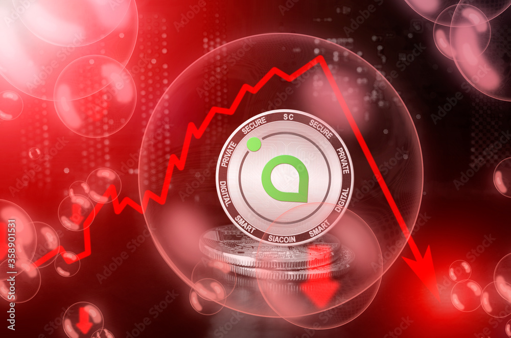Siacoin SC coin in a soap bubble. Risks and dangers of investing to Siacoin cryptocurrency. Collapse of the exchange rate. Unstable concept. Down drop crash bubble