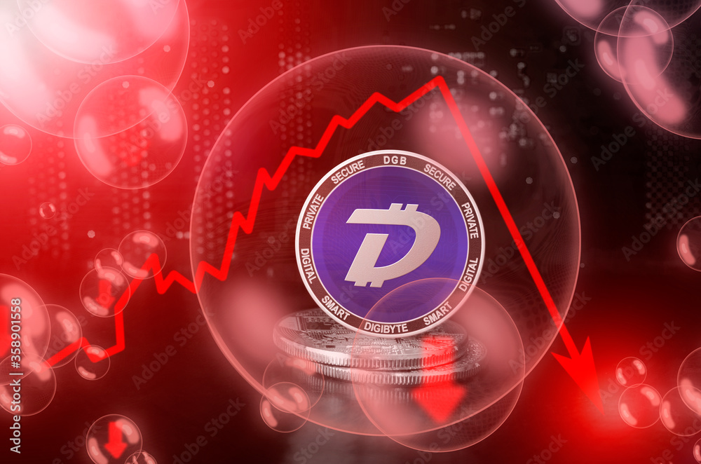 DigiByte DGB coin in a soap bubble. Risks and dangers of investing to DigiByte cryptocurrency. Collapse of the exchange rate. Unstable concept. Down drop crash bubble