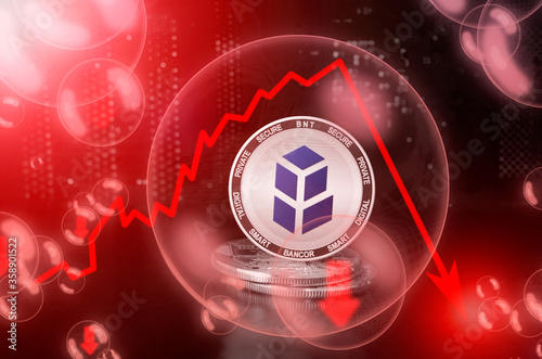 Bancor BNT coin in a soap bubble. Risks and dangers of investing to Bancor cryptocurrency. Collapse of the exchange rate. Unstable concept. Down drop crash bubble photo