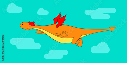 A cute orange dragon flies through the sky in the clouds. Colorful vector illustration.