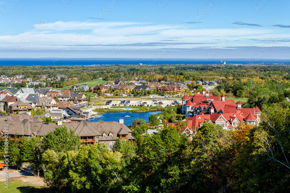 Aerial view of Blue Mountain resort and village during the autumn in Collingwood, Ontario