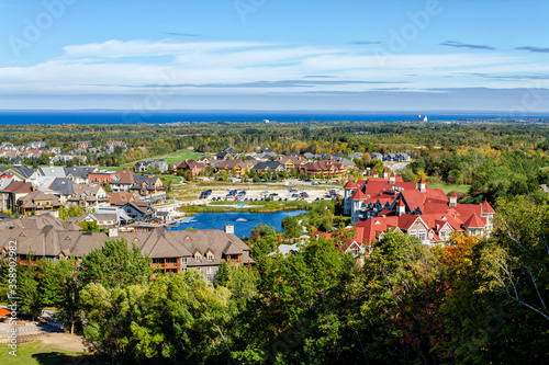 Aerial view of Blue Mountain resort and village during the autumn in Collingwood, Ontario