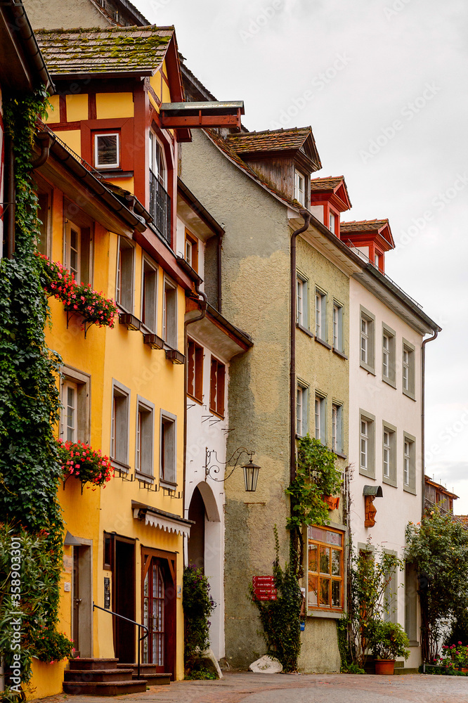 Colourful architecture of Meersburg. a town of Baden-Wurttemberg in Germany at Lake Constance.