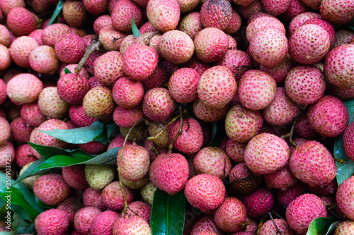 A closeup shot of Lychee on a roadside fruit vendor. Lychee is the sole member of the genus Litchi in the soapberry family, Sapindaceae.