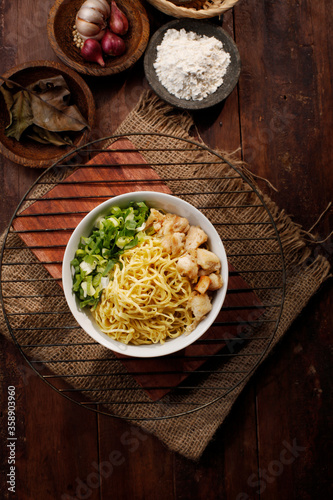 Chicken noodles, in Indonesia, called "Mie Ayam Pangsit Rebus".
