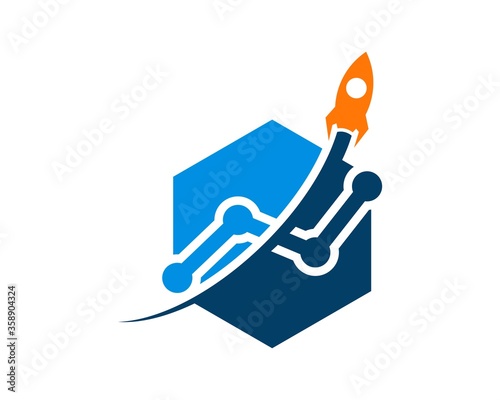 Hexagonal shape with flying rocket and connection chart