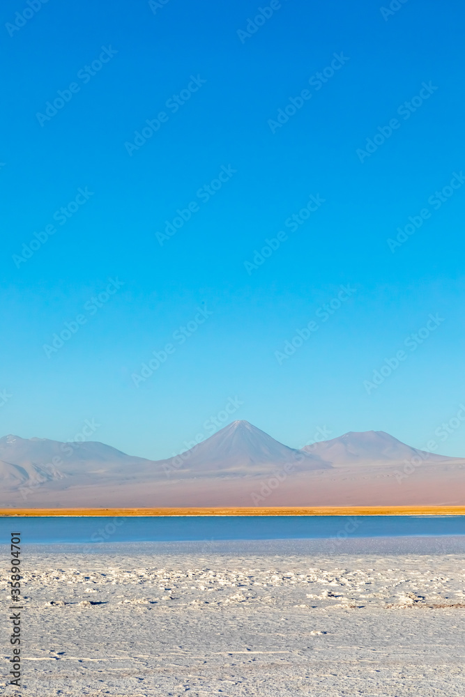Cejar lagoon and Licancabur volcano in Atacama, Chile.