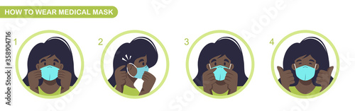 How to wear medical mask instructions. COVID-19 pandemic with surgical mask. Woman wear protective mask against infectious diseases. Scalable and editable vector illustration.