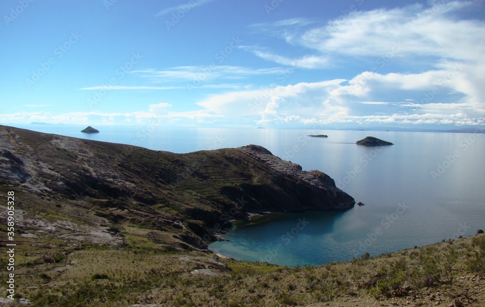 View of Khoa Island, where underwater archeologic findings where made. From Isla del Sol	(Lake Titicaca, Bolivia)