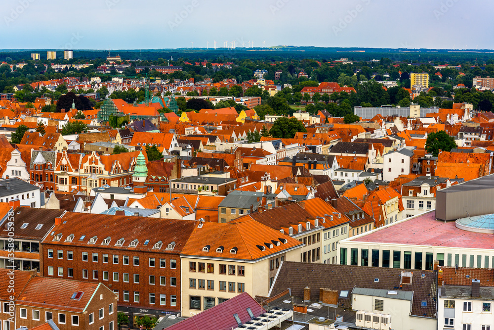 Aerial view of the Old Part of Lubeck, a city in Schleswig-Holstein, northern Germany. UNESCO World Heritage