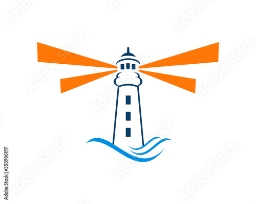 Blue lighthouse with orange light beam
