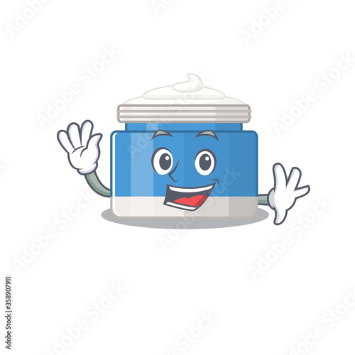 A charming moisturizer cream mascot design style smiling and waving hand