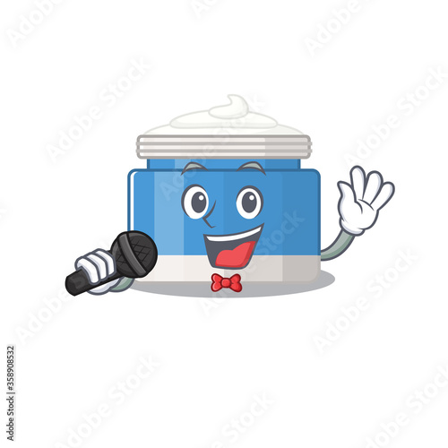 cartoon character of moisturizer cream sing a song with a microphone