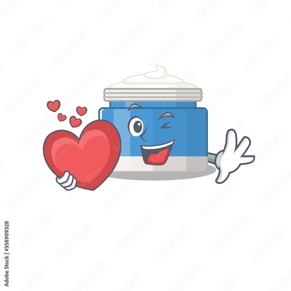 A sweet moisturizer cream cartoon character style holding a big heart A sweet moisturizer cream cartoon character style holding a big heart