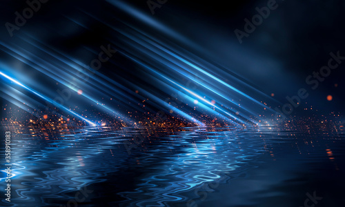 Night scene with reflection of neon light in the water. Liquid, puddles, flooding. Rays and lines in neon. Modern abstraction, night view. 3D illustration