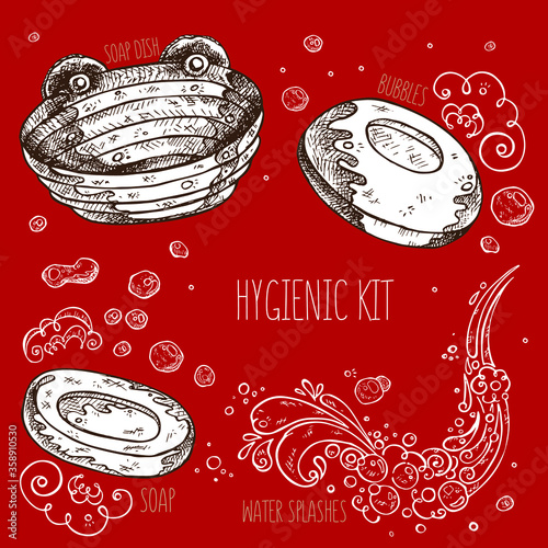 vector clipart soap, soap dish, water, soap bubbles, doodling Drawing, art line, hatching drawing. Hygienic kit