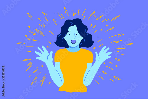 Wow effect concept. A girl with a surprised face takes a gift or a surprise. Excited screaming young woman. Simple flat vector.