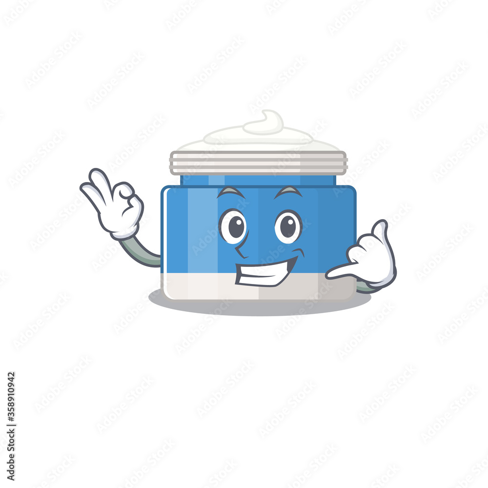 Caricature design of moisturizer cream showing call me funny gesture Caricature design of moisturizer cream showing call me funny gesture