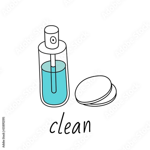 Bottle with spray, cleansing lotion and cotton pads for washing.